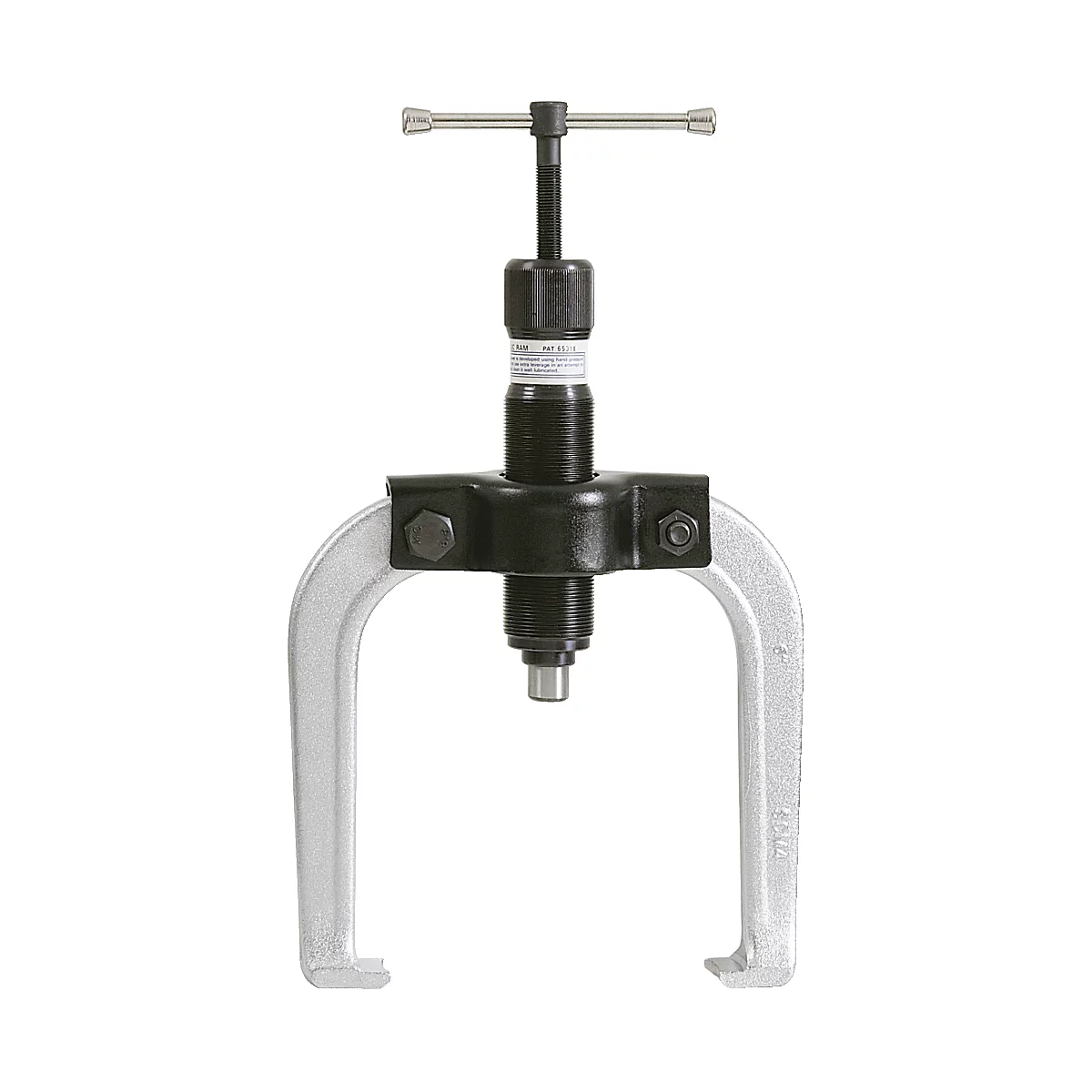 Ein Werkzeug zum Abziehen, mit zwei gebogenen Armen, einem schwarzen Gehäuse und einem Schraubgriff. 